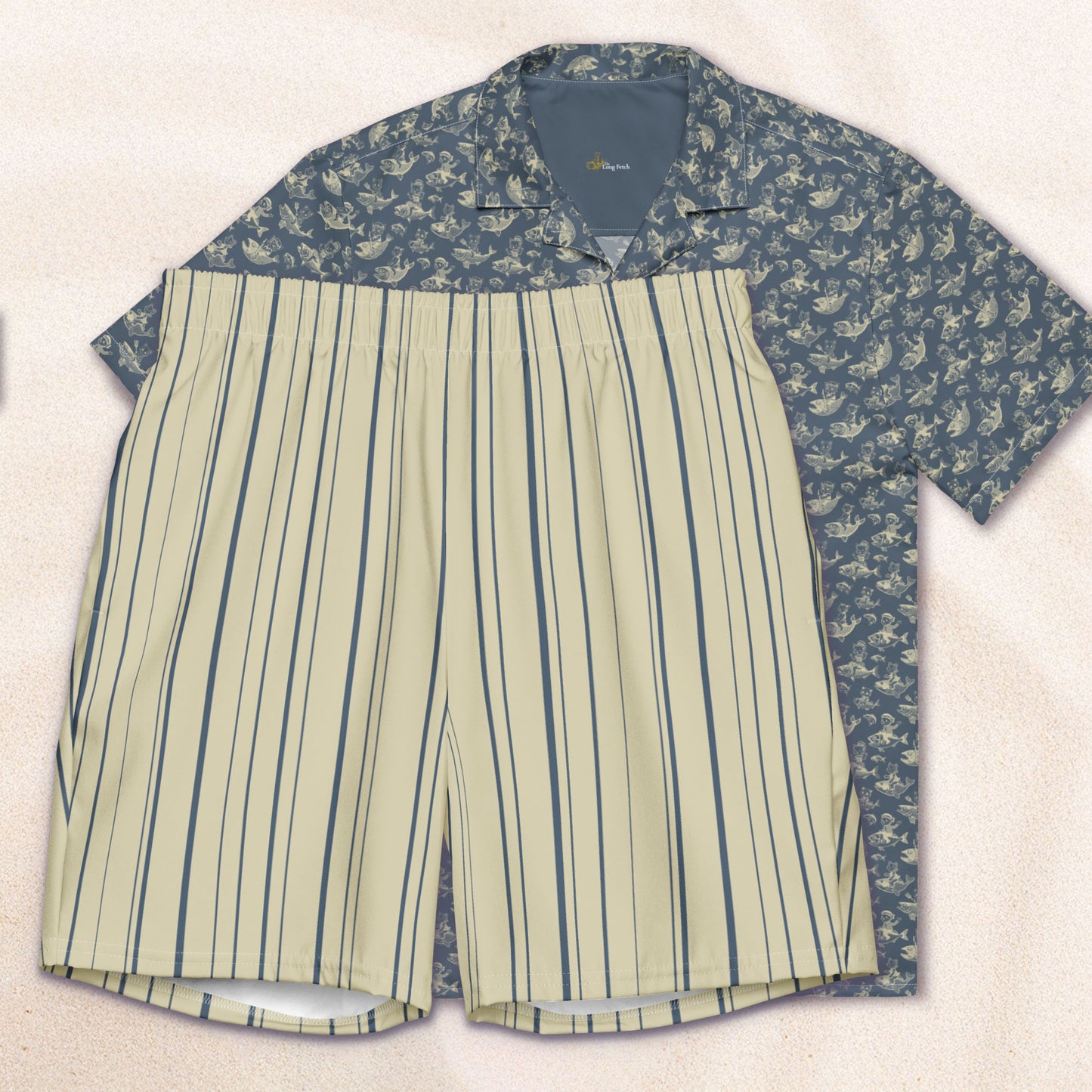 The Cat's Fish Cuban Collar Shirt – Van Deusen Navy with Dutch Cream