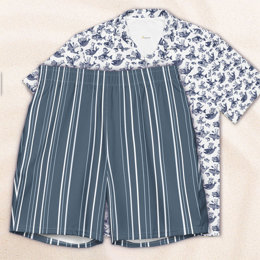 Shorts with a blue and white striped pattern and a floral shirt on a beige background