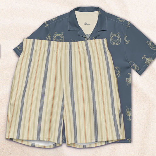 Cream and Blue Twill Stripe Eco-Friendly Swim Trunks