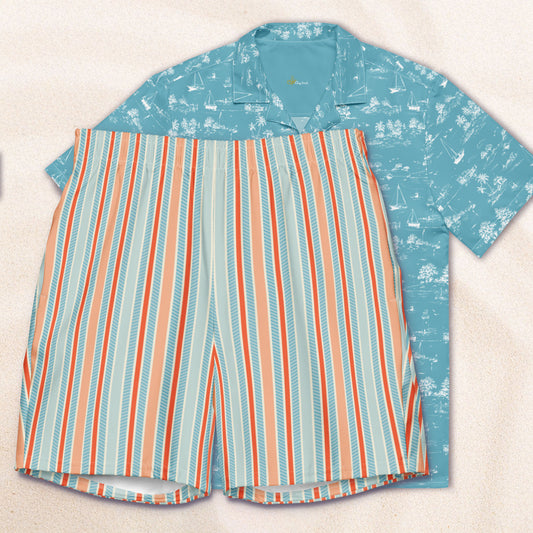 Sky and Red Twill Stripe Eco-Friendly Swim Trunks