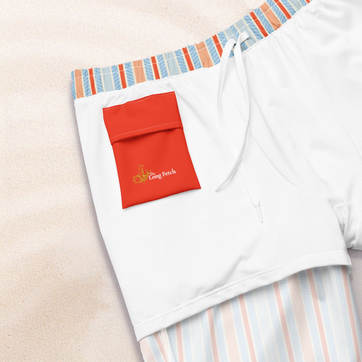 Sky and Red Twill Stripe Eco-Friendly Swim Trunks