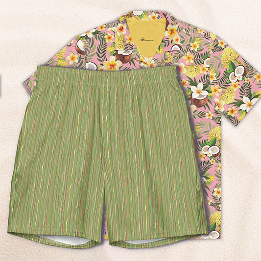 Tropicalia Stripe Swim Trunks – Dark Grass with Shell Pink