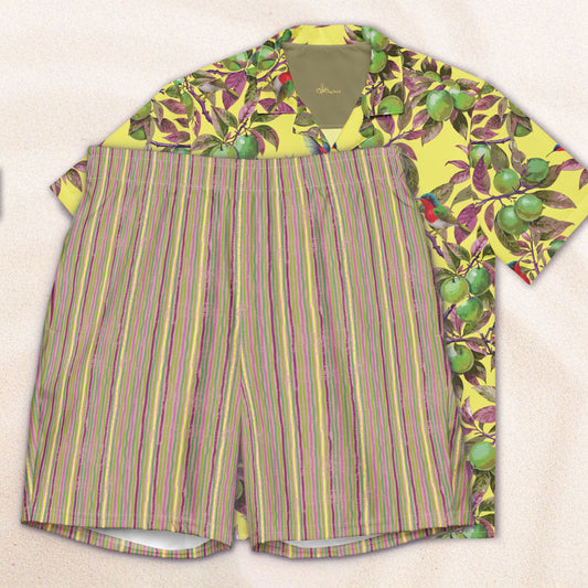 Citrus Grove Distressed Stripe Conservation Swim Trunks – Amaranth and Icterine