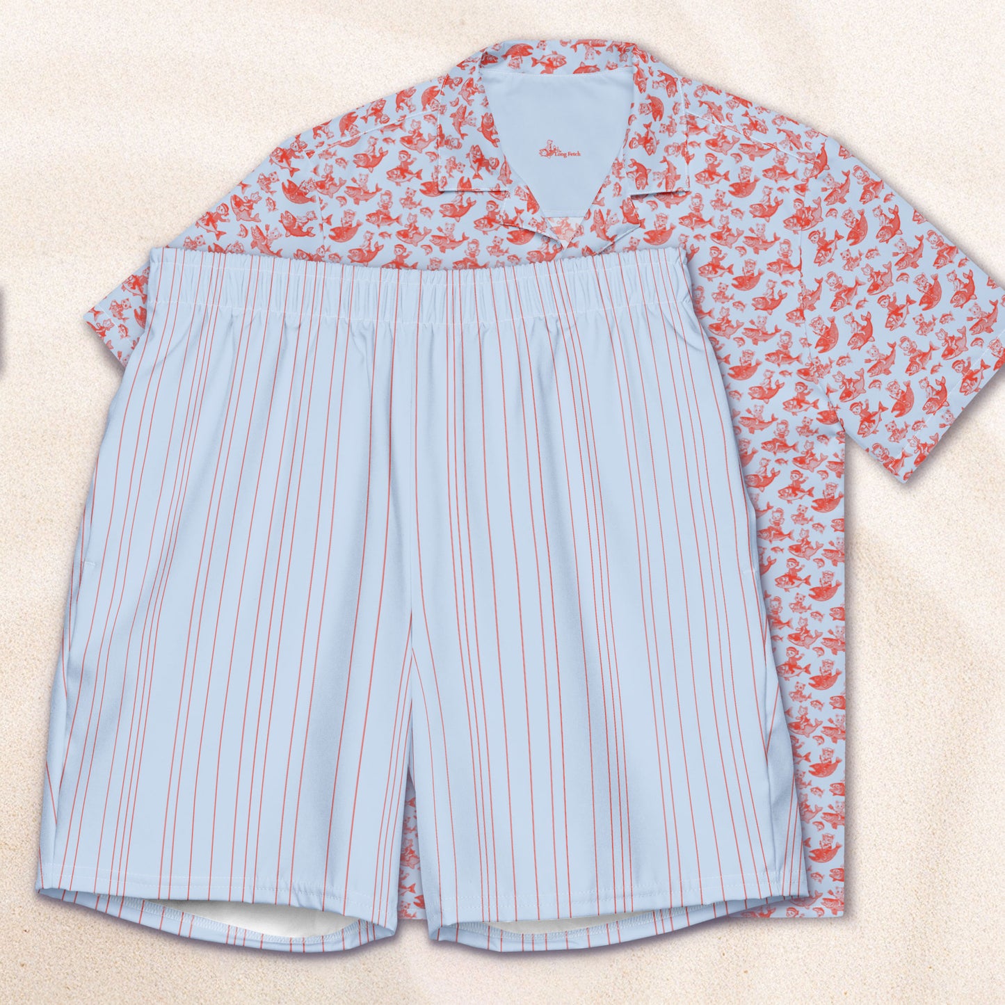 The Cat's Fish Cuban Collar Shirt – Periwinkle Blue with Cinnabar Red