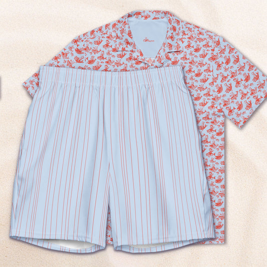 The Cat's Fish Cuban Collar Shirt – Periwinkle Blue with Cinnabar Red