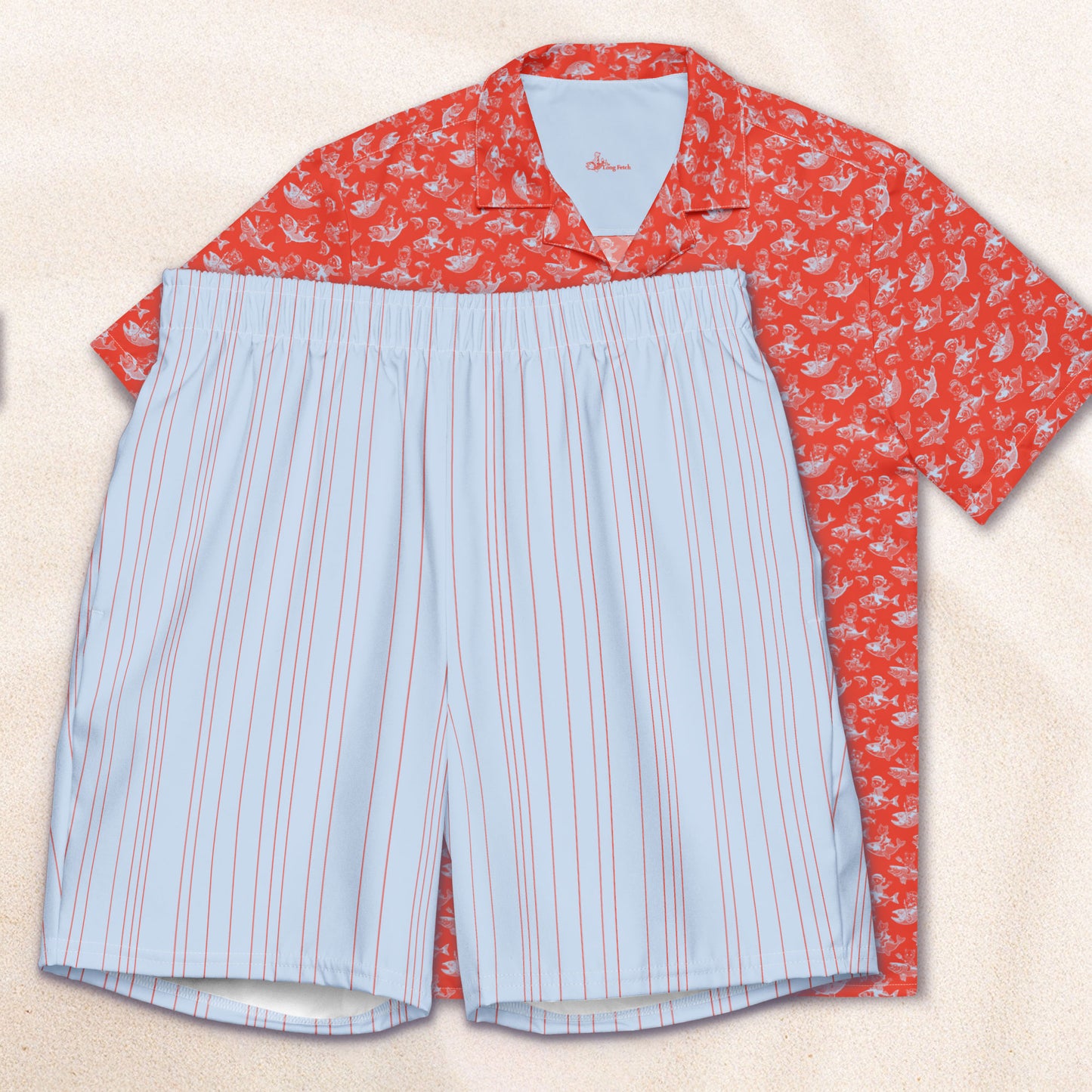 The Cat's Fish Cuban Collar Shirt – Cinnabar Red with Periwinkle Blue