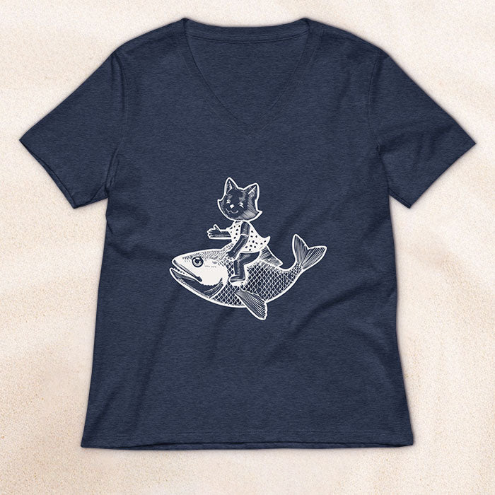 The Cat's Fish Woman's V-Neck T-Shirt – Heathered Navy
