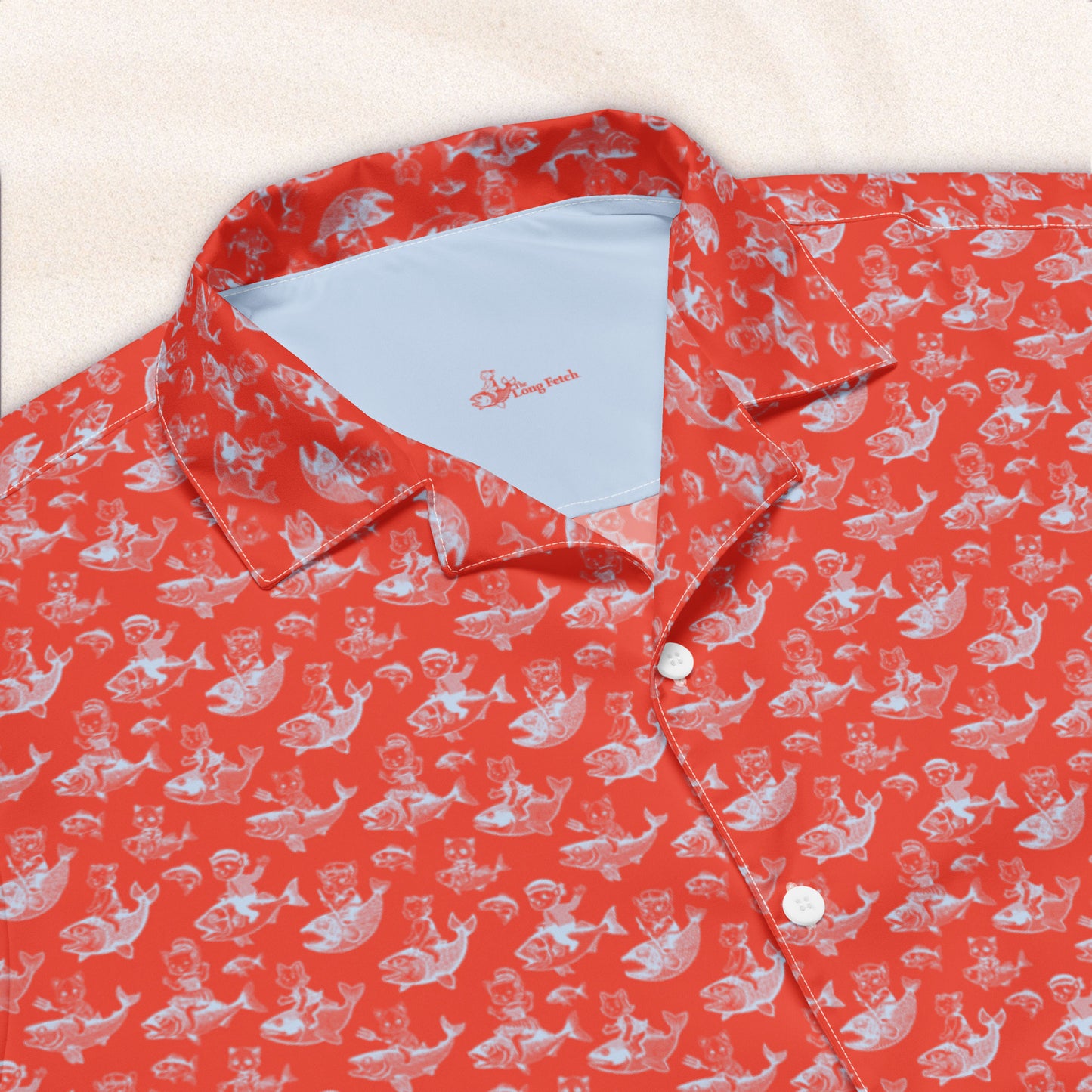 The Cat's Fish Cuban Collar Shirt – Cinnabar Red with Periwinkle Blue