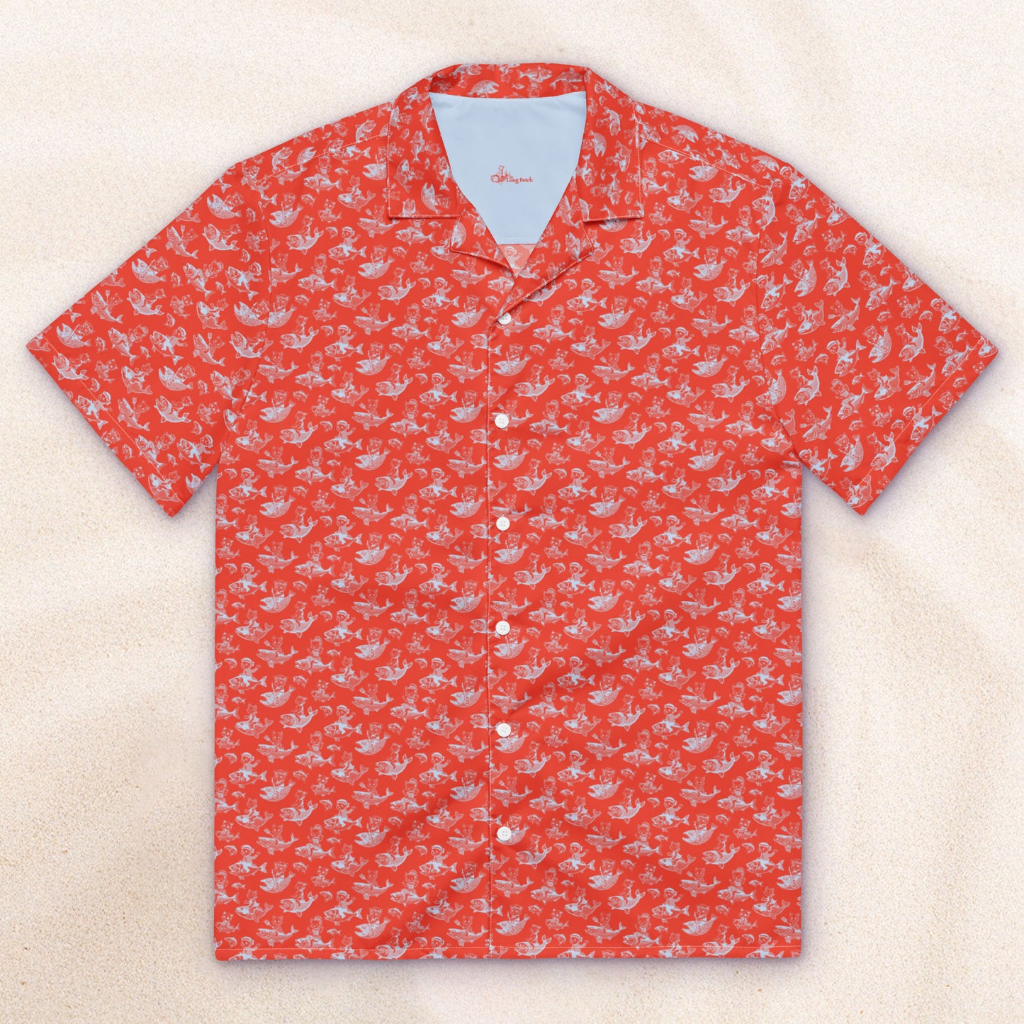 The Cat's Fish Cuban Collar Shirt – Cinnabar Red with Periwinkle Blue