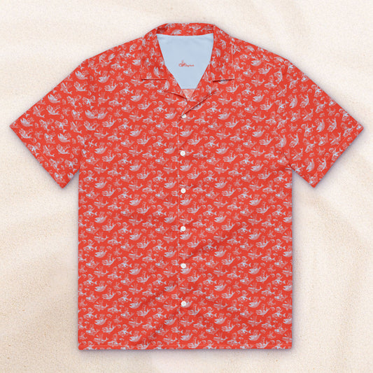 The Cat's Fish Cuban Collar Shirt – Cinnabar Red with Periwinkle Blue