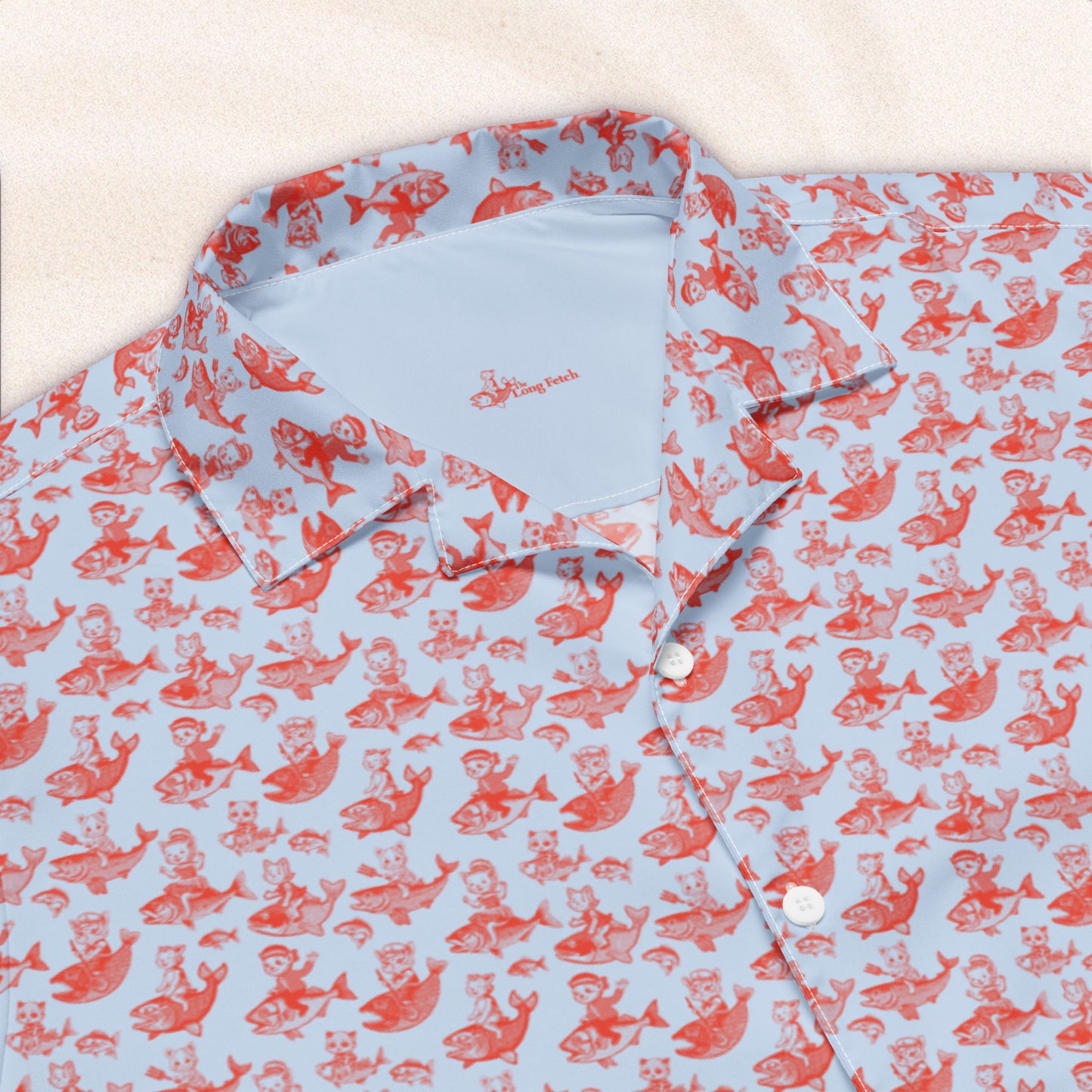 The Cat's Fish Cuban Collar Shirt – Periwinkle Blue with Cinnabar Red