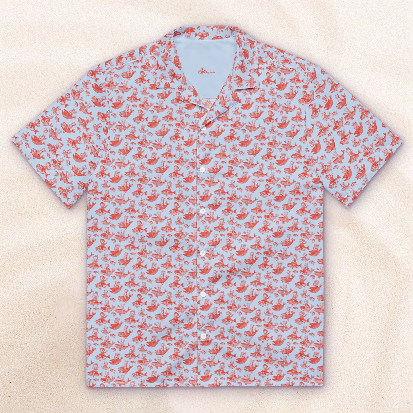 The Cat's Fish Cuban Collar Shirt – Periwinkle Blue with Cinnabar Red