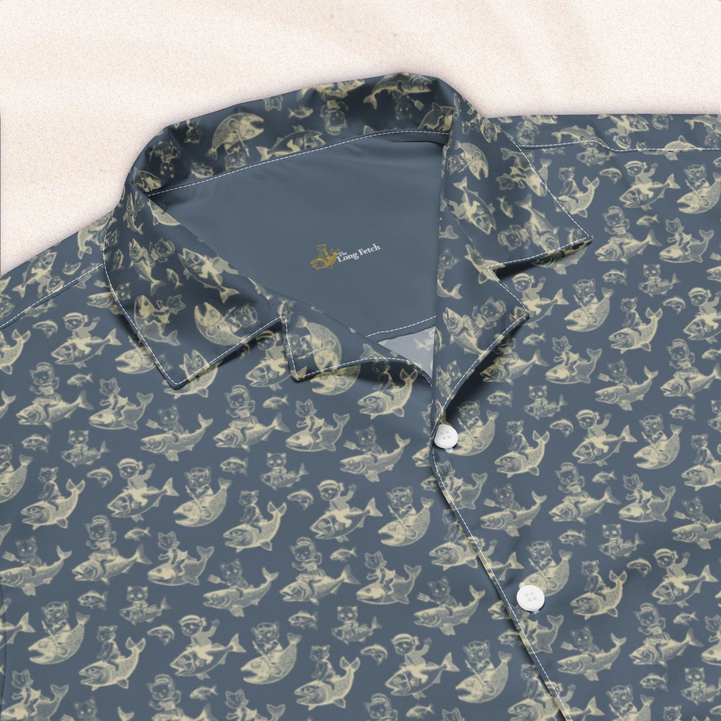 The Cat's Fish Cuban Collar Shirt – Van Deusen Navy with Dutch Cream