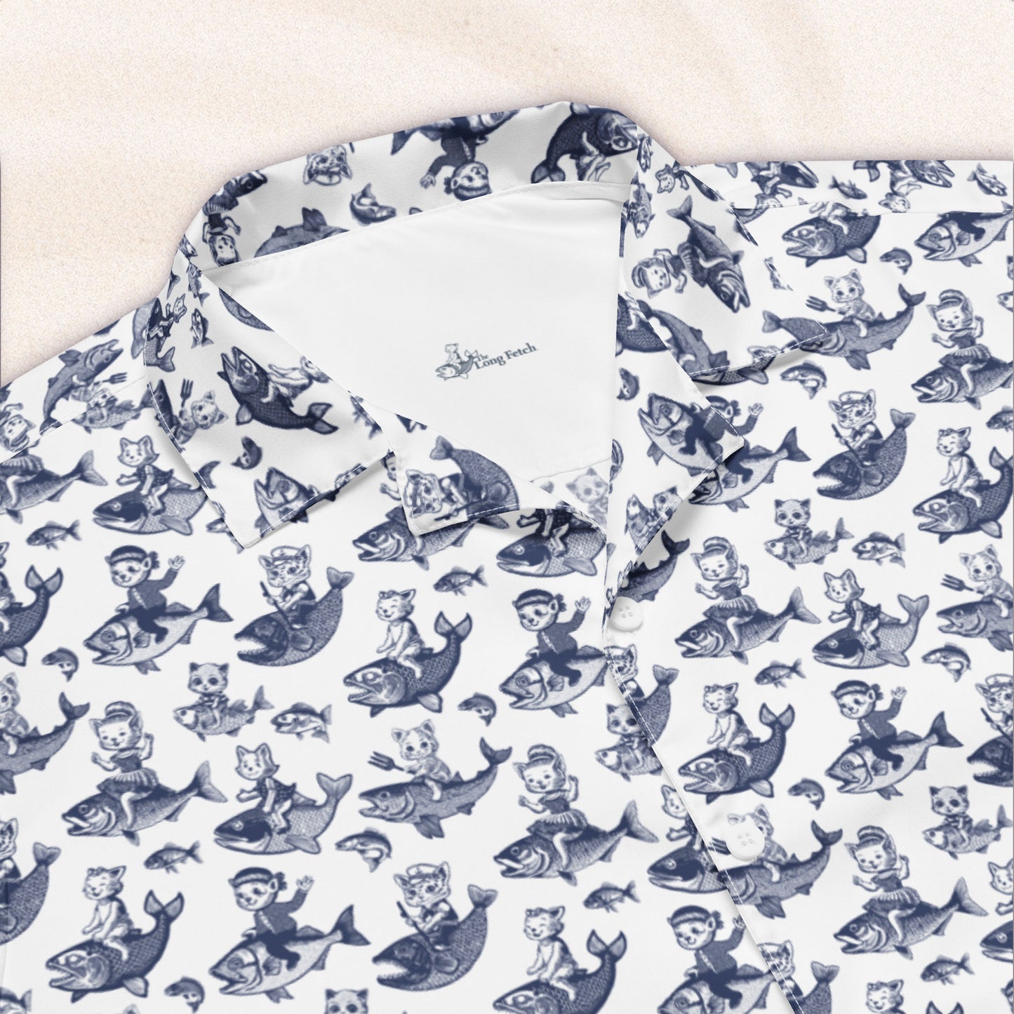 The Cat's Fish Cuban Collar Shirt – White with Van Deusen Blue