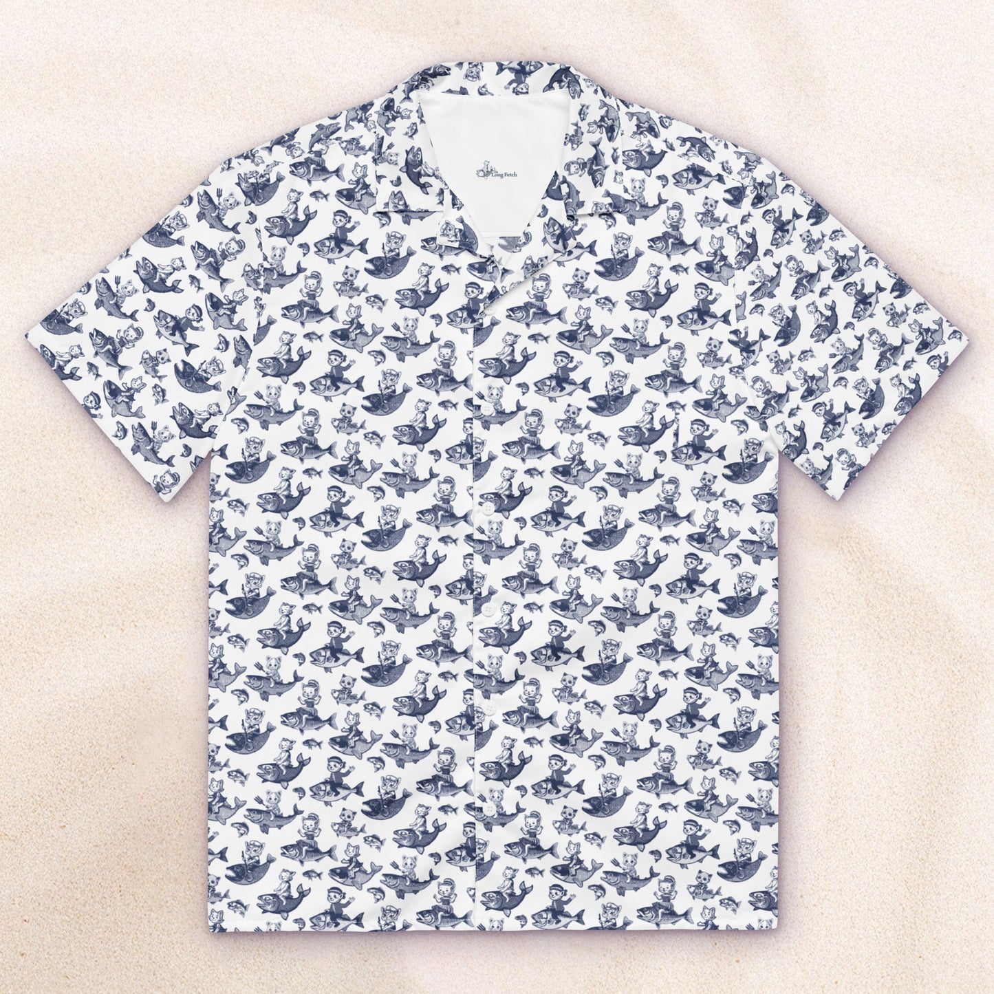 The Cat's Fish Cuban Collar Shirt – White with Van Deusen Blue
