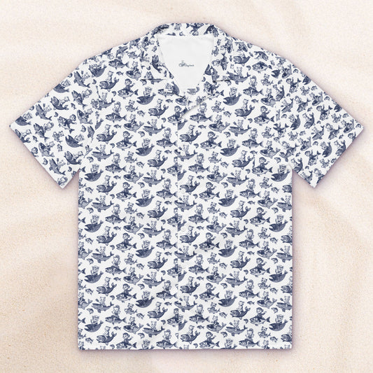 The Cat's Fish Cuban Collar Shirt – White with Van Deusen Blue