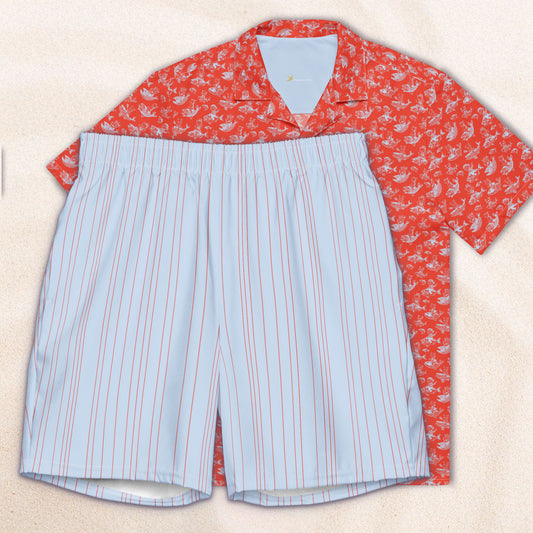 The Cat's Fish Camp Shirt – Cinnabar Red with Periwinkle Blue