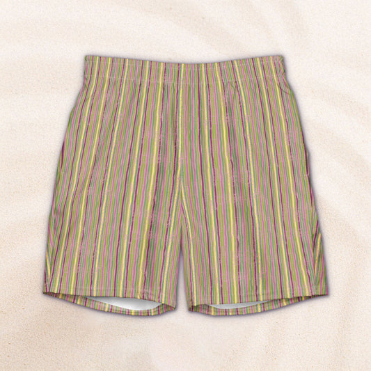 Citrus Grove Distressed Stripe Conservation Swim Trunks – Amaranth and Icterine