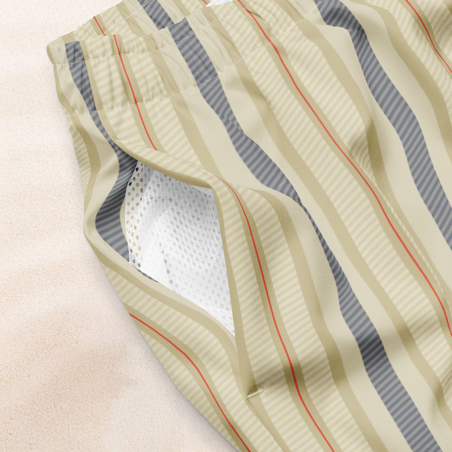 Cream and Blue Twill Stripe Eco-Friendly Swim Trunks