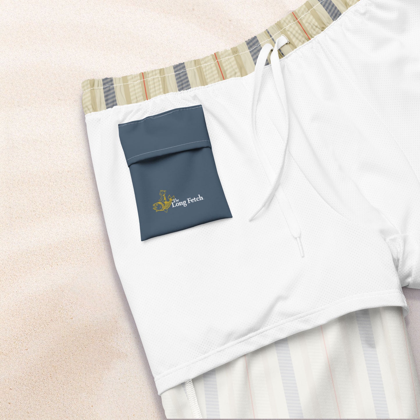 Cream and Blue Twill Stripe Eco-Friendly Swim Trunks