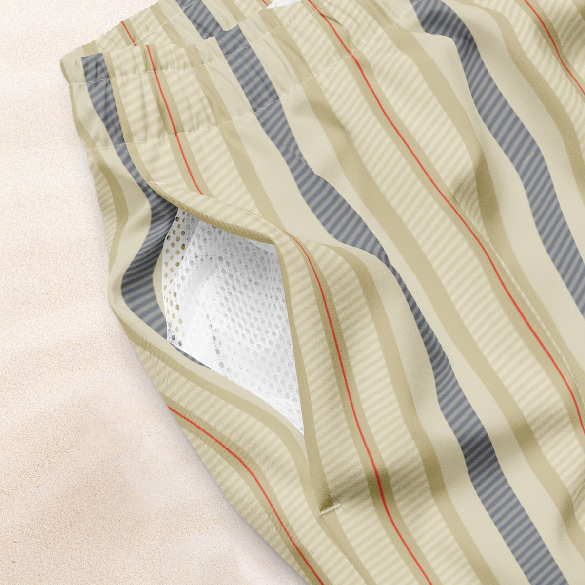 Cream and Blue Twill Stripe Eco-Friendly Swim Trunks