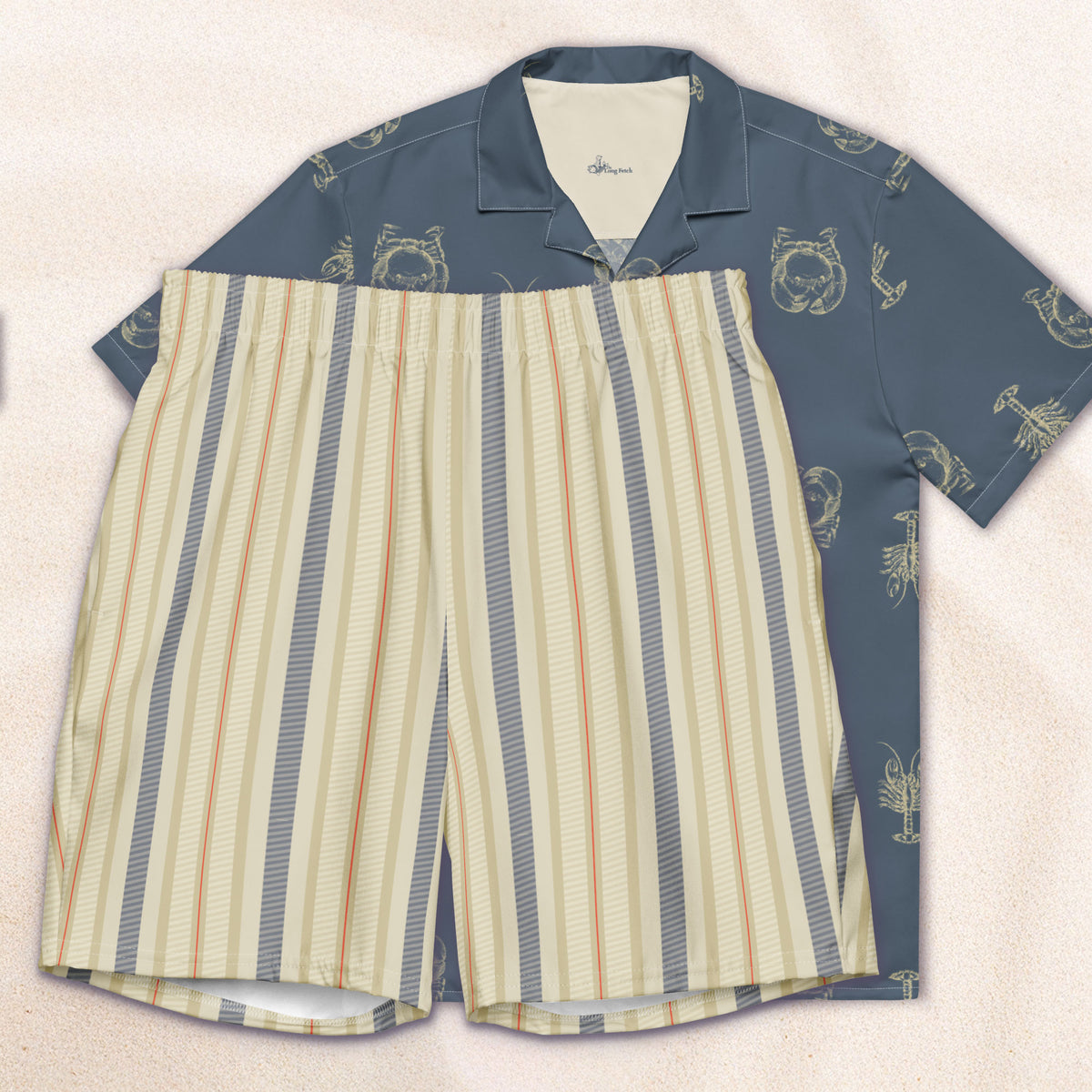 Cream and Blue Twill Stripe Eco-Friendly Swim Trunks