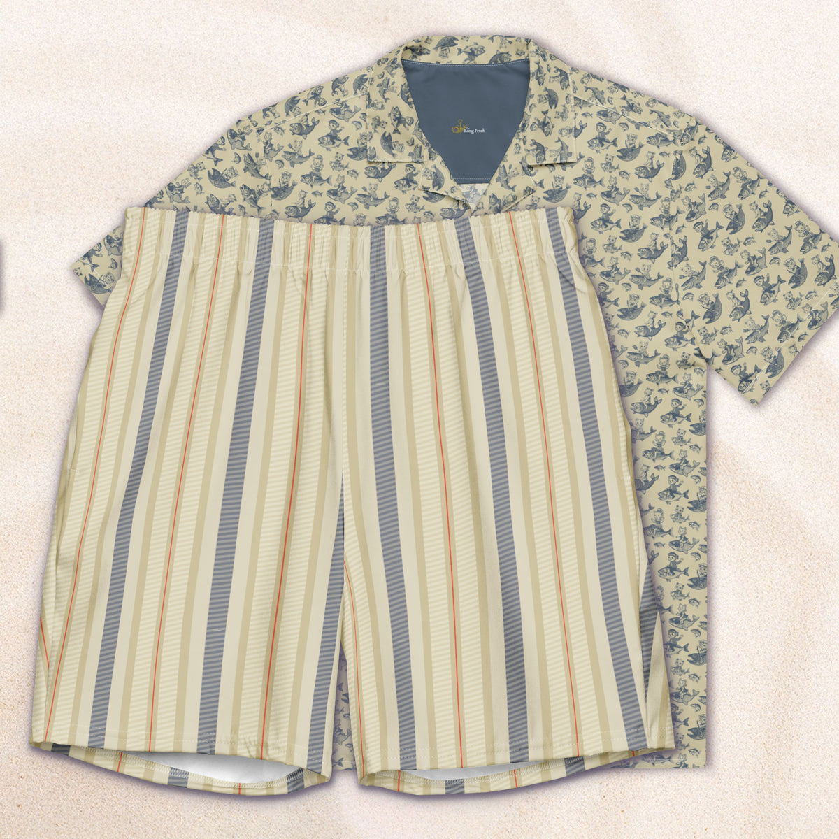 Cream and Blue Twill Stripe Eco-Friendly Swim Trunks