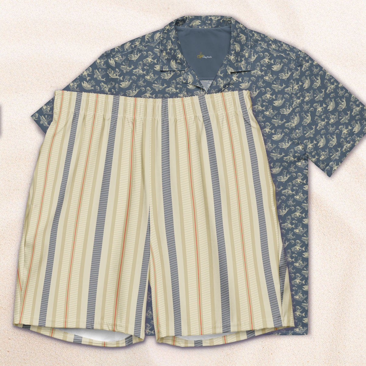 Cream and Blue Twill Stripe Eco-Friendly Swim Trunks