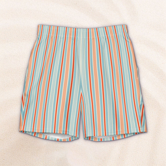 Sky and Red Twill Stripe Eco-Friendly Swim Trunks