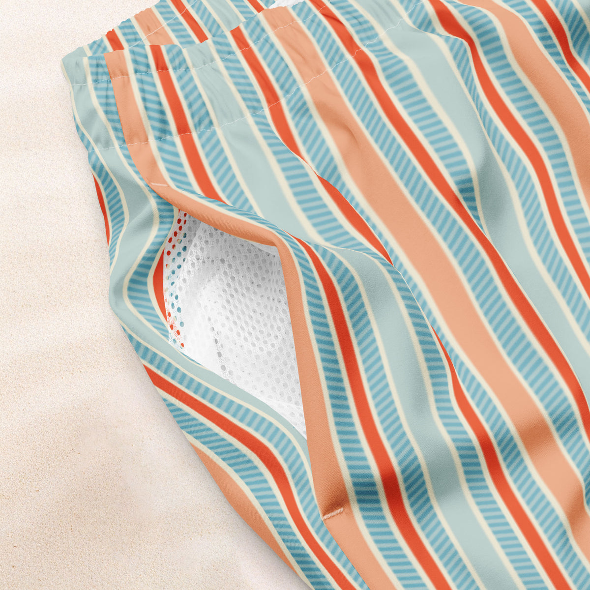 Sky and Red Twill Stripe Eco-Friendly Swim Trunks