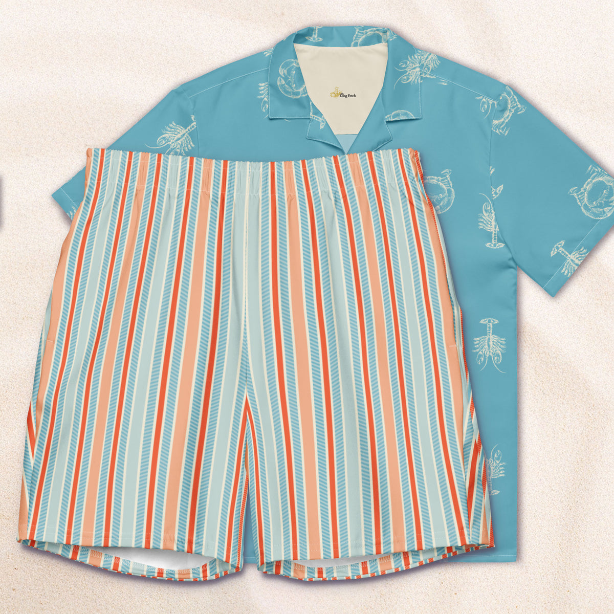 Sky and Red Twill Stripe Eco-Friendly Swim Trunks