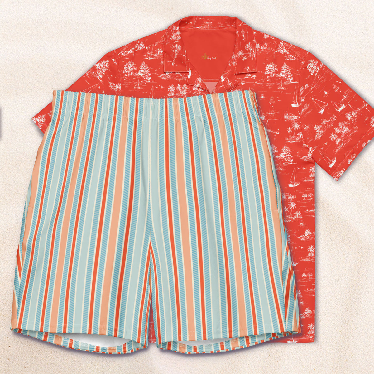 Sky and Red Twill Stripe Eco-Friendly Swim Trunks
