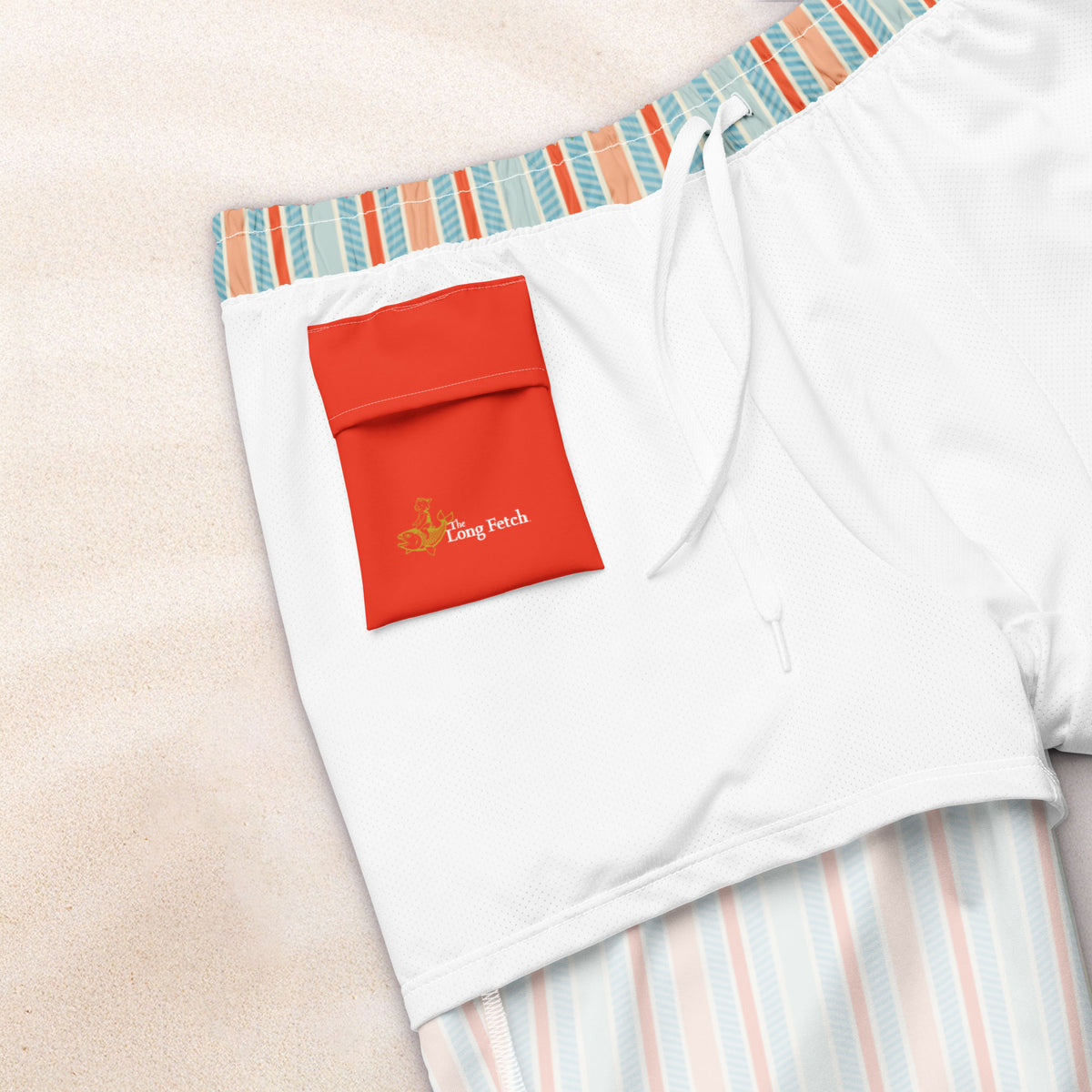 Sky and Red Twill Stripe Eco-Friendly Swim Trunks
