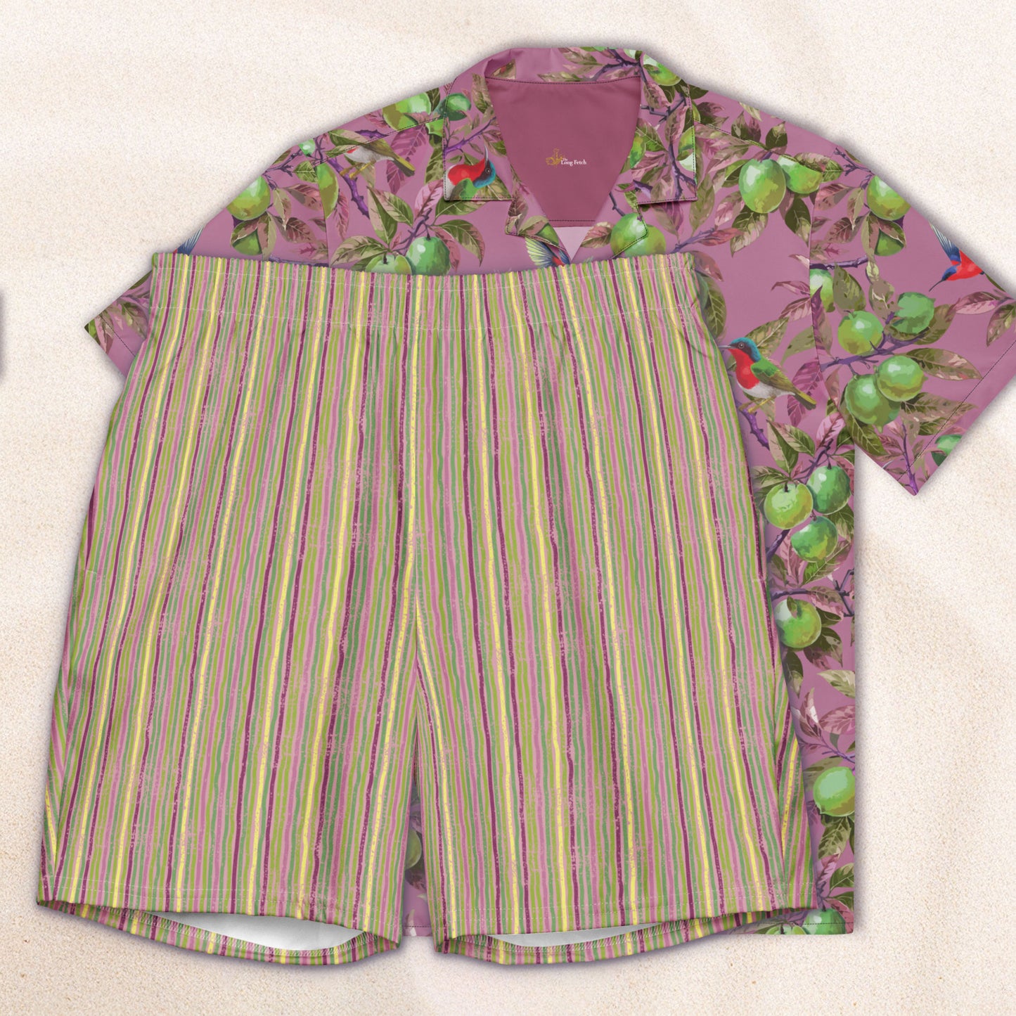 Citrus Grove Distressed Stripe Conservation Swim Trunks – Amaranth and Icterine