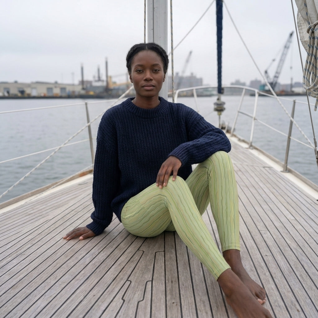 Tidal Stripe Deck Leggings with Pockets – Light Grass with Sky Blue