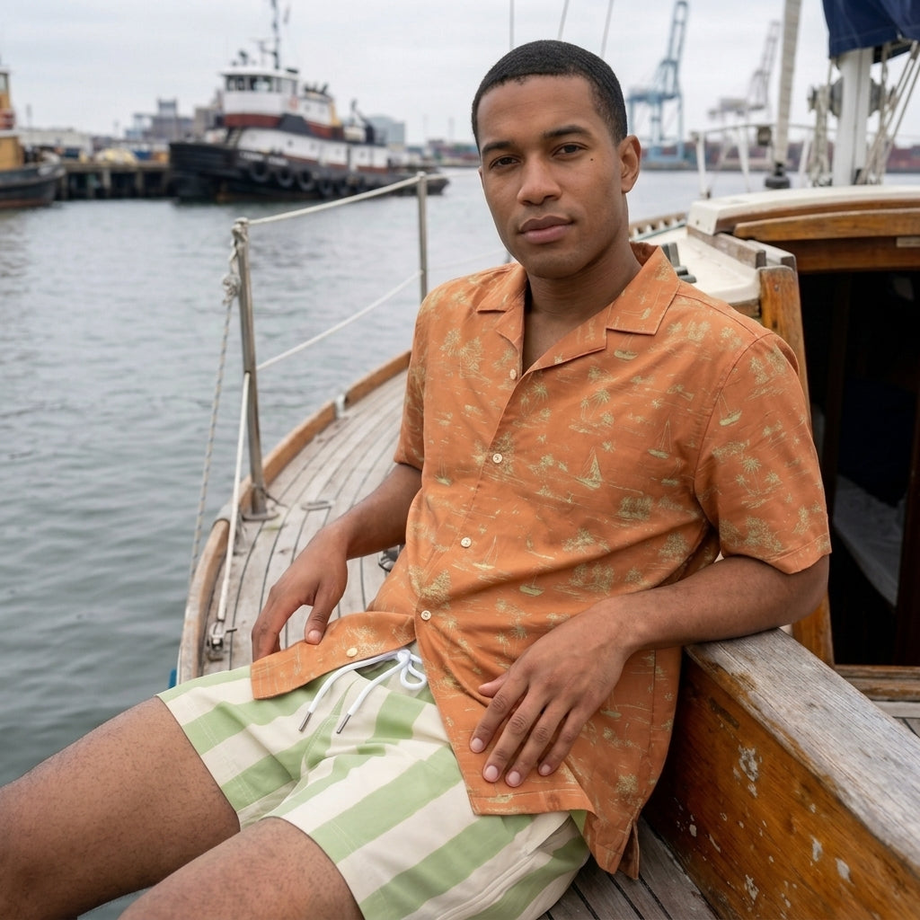 Seaside Toile Cuban Collar Shirt – Rust and Moss