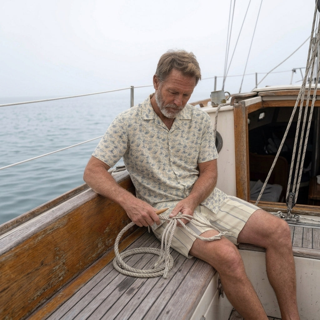 The Cat's Fish Tropical Cuban Collar Shirt – Dutch Cream with Van Deusen Navy