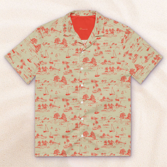 Seaside Toile Tropical Shirt – Khaki and Signal Red