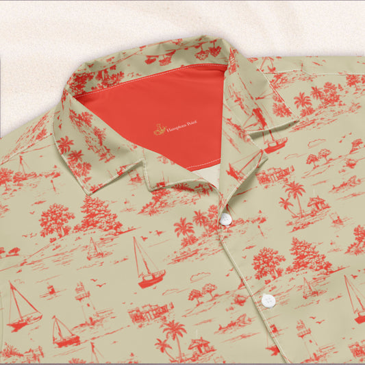 Seaside Toile Tropical Shirt – Khaki and Signal Red