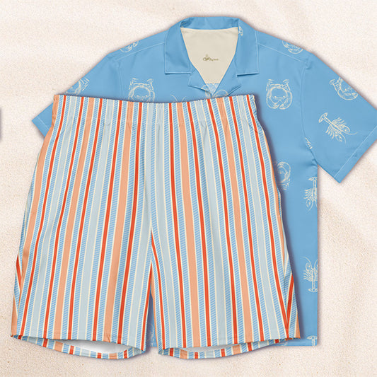 Sky and Red Twill Stripe Eco-Friendly Swim Trunks