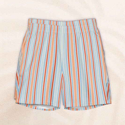 Sky and Red Twill Stripe Eco-Friendly Swim Trunks