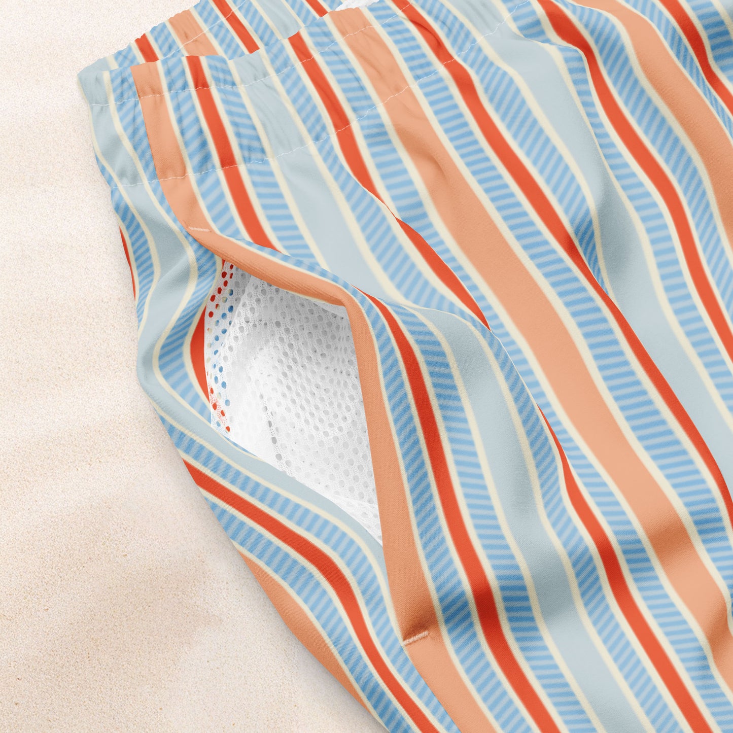 Sky and Red Twill Stripe Eco-Friendly Swim Trunks