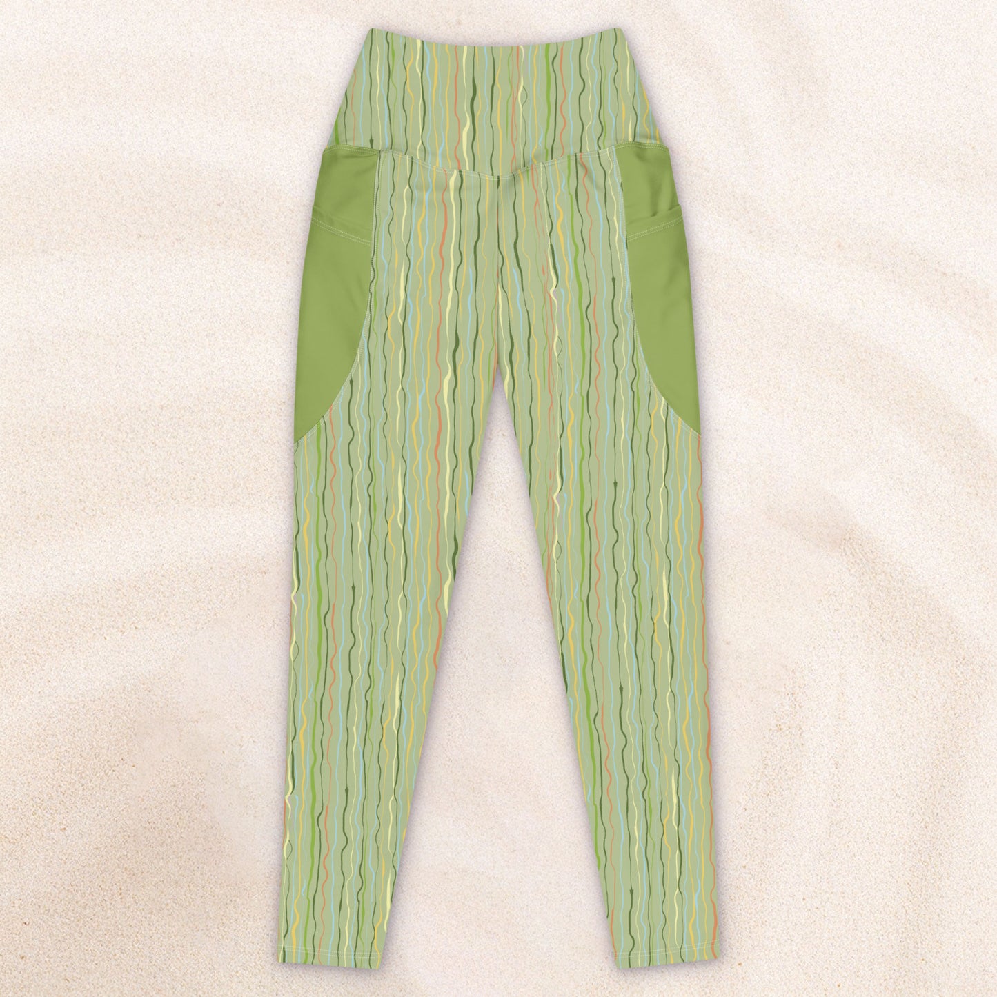 Tropicalia Stripe Yoga Leggings with Pockets – Light Grass with Sky Blue