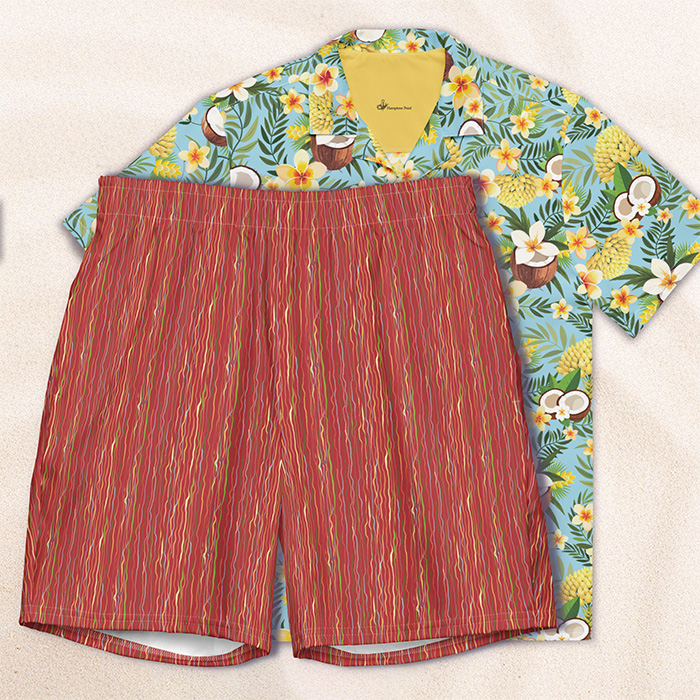 Floral shirt and red shorts on a beige background