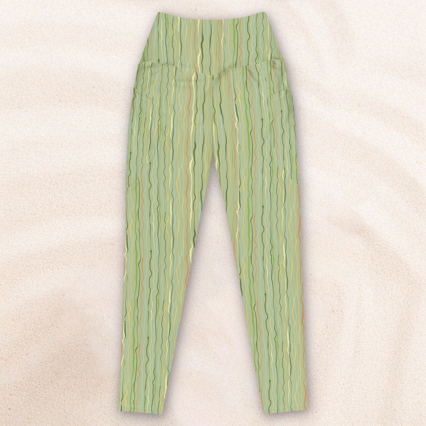 Tidal Stripe Deck Leggings with Pockets – Light Grass with Sky Blue