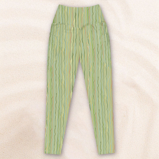 Tidal Stripe Deck Leggings with Pockets – Light Grass with Sky Blue
