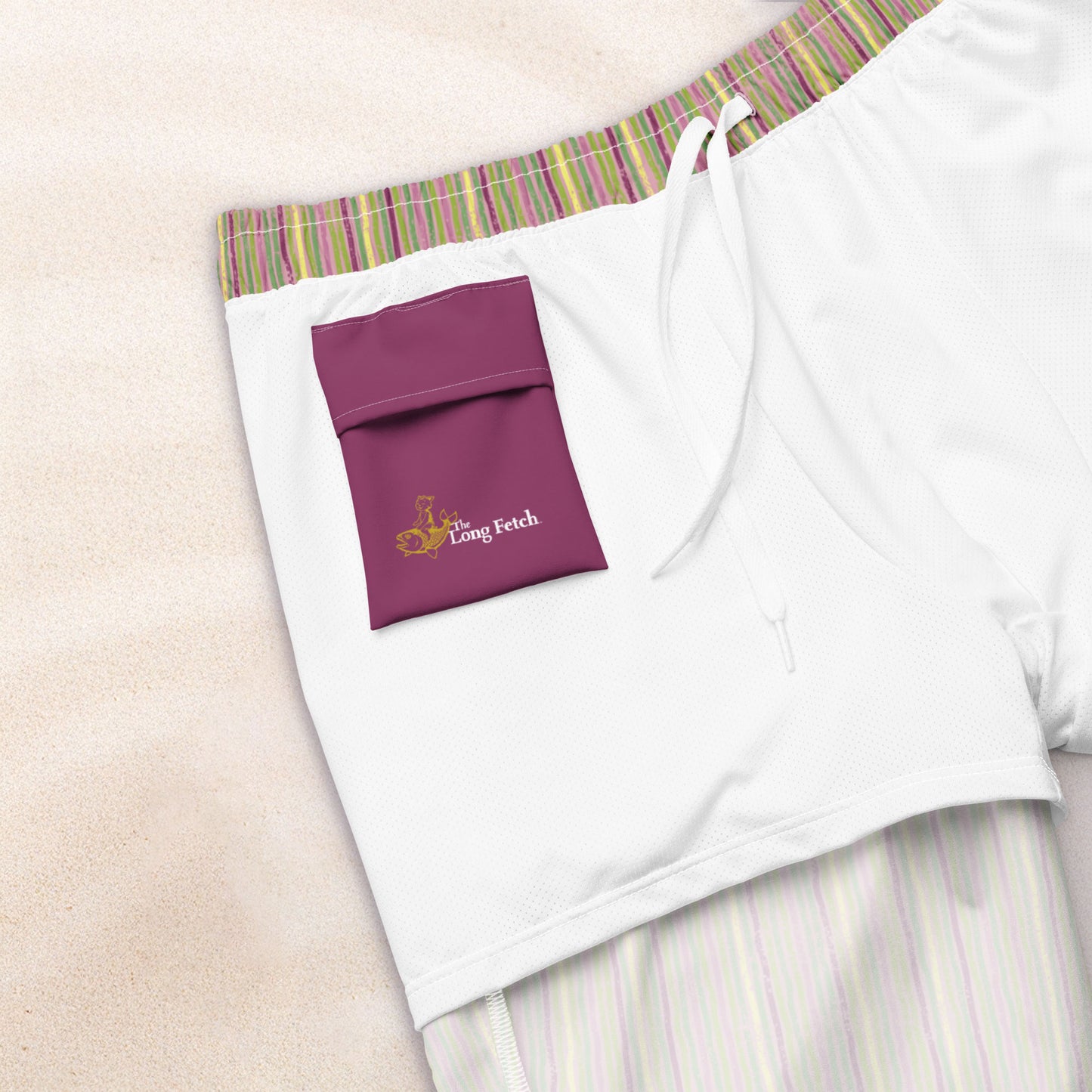 Citrus Grove Distressed Stripe Conservation Swim Trunks – Amaranth and Icterine