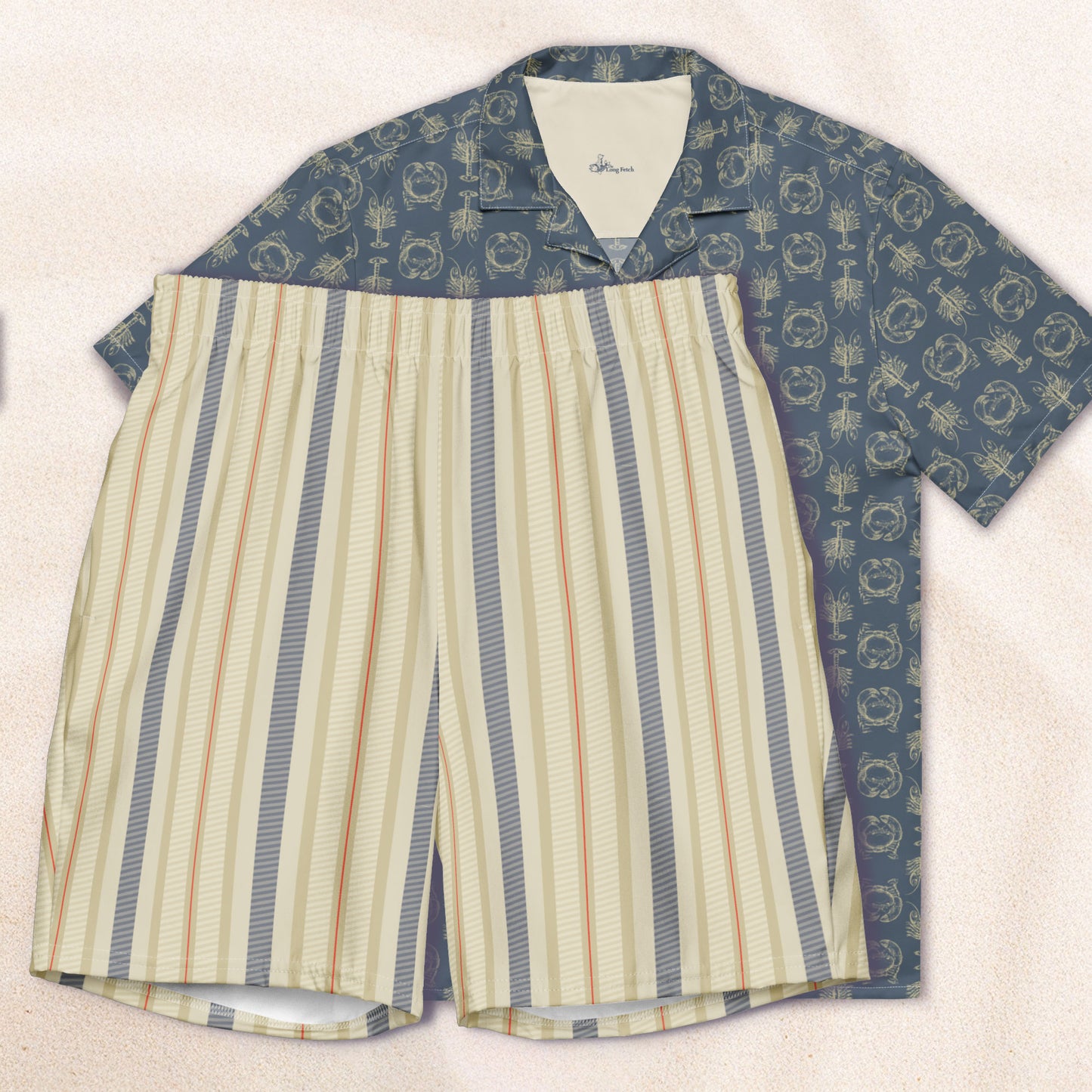 Cream and Blue Twill Stripe Eco-Friendly Swim Trunks