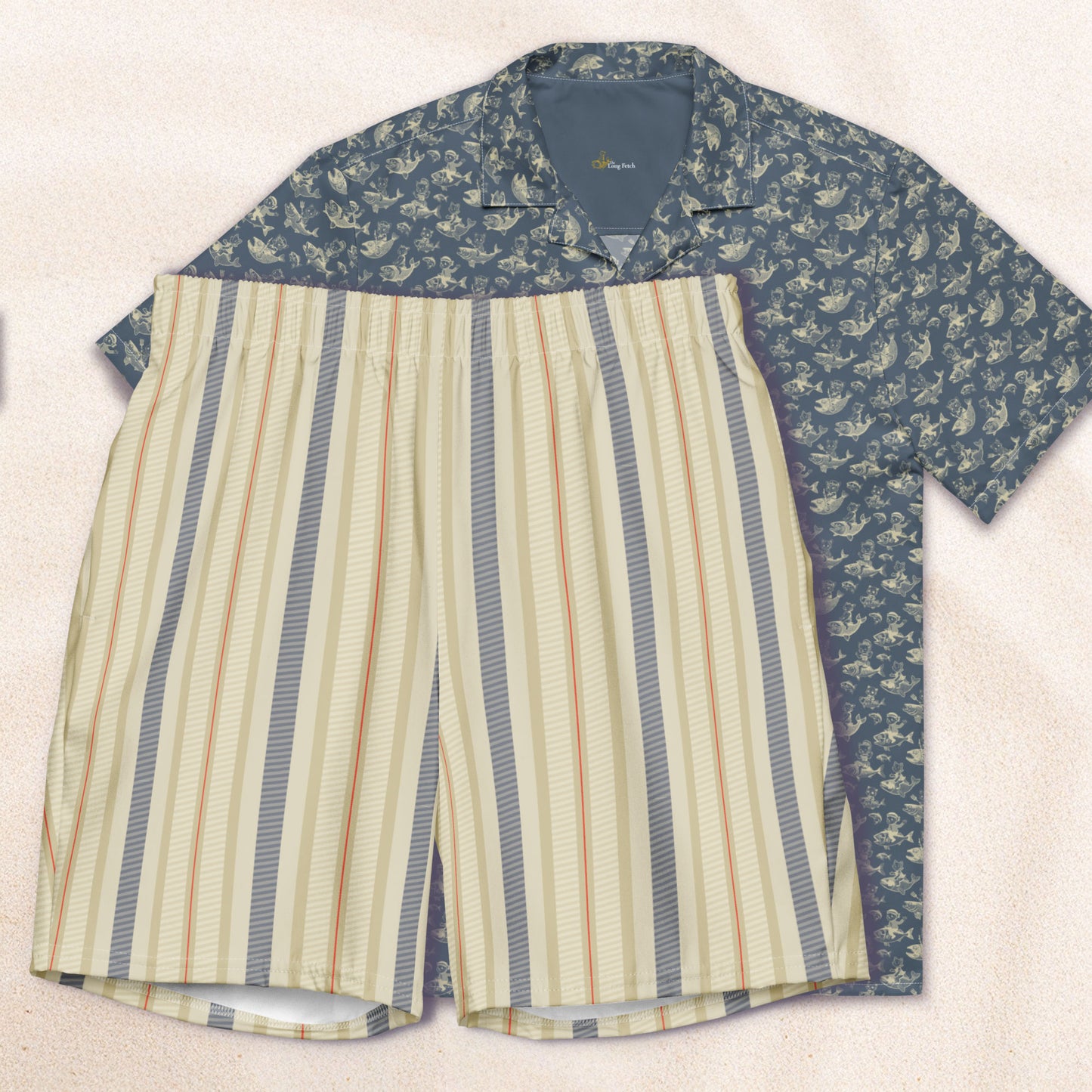 Cream and Blue Twill Stripe Eco-Friendly Swim Trunks
